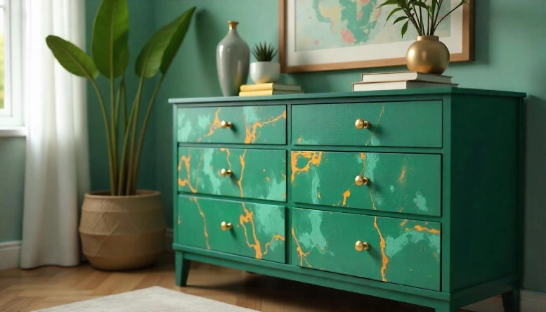 A dark green bedroom featuring an abstract painted dresser with vibrant colors and bold patterns, adding a unique artistic flair to the elegant decor.