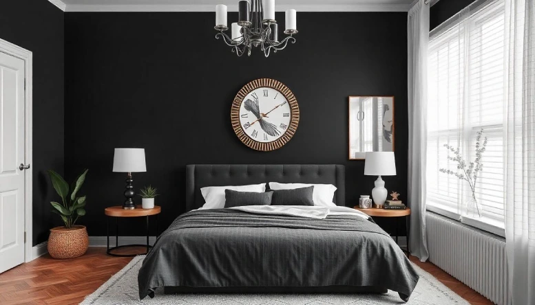 A black and white bedroom featuring a striking accent wall with bold patterns, adding drama and depth to the cozy space.