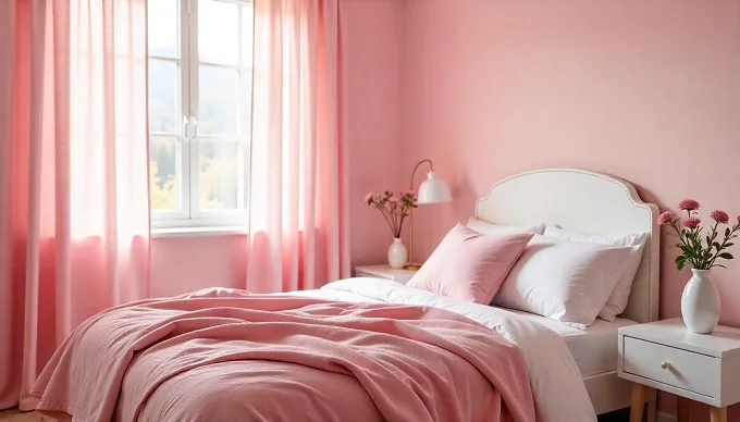 Pink bedroom with soft pink drapes framing the window and matching bedding