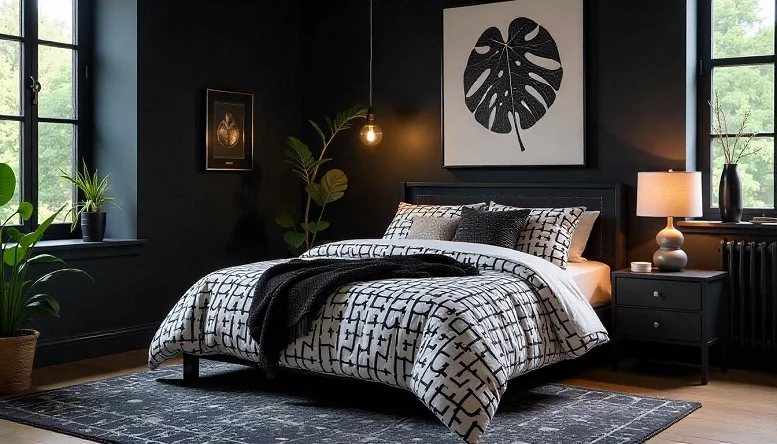 Black bedroom with graphic patterns on bedding and wall art, creating a bold and modern contrast. 