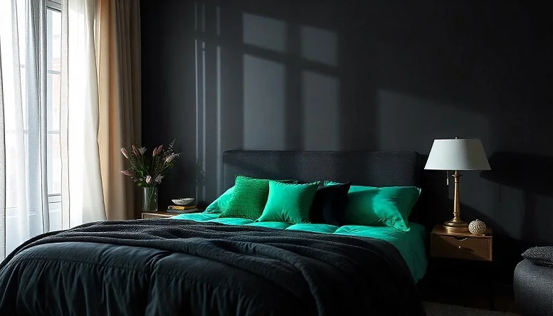 Black bedroom accented with emerald green pillows and golden decor for a luxurious touch. 