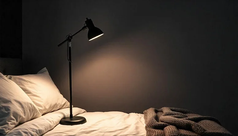 Adjustable black floor lamp next to a bed in a minimal bedroom setup. 