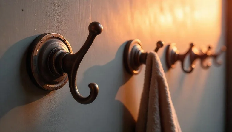 Vintage-style artisan wall hooks on a grey wall in soft lighting. 