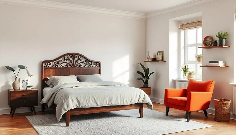 Wooden platform bed with tapered legs in a mid century modern bedroom. 