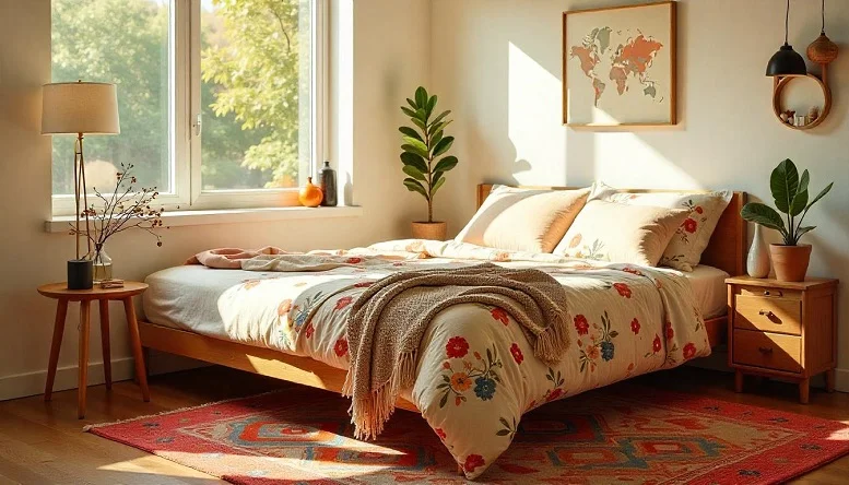 Neutral bedding with chunky knit throws in a mid century modern bedroom. 