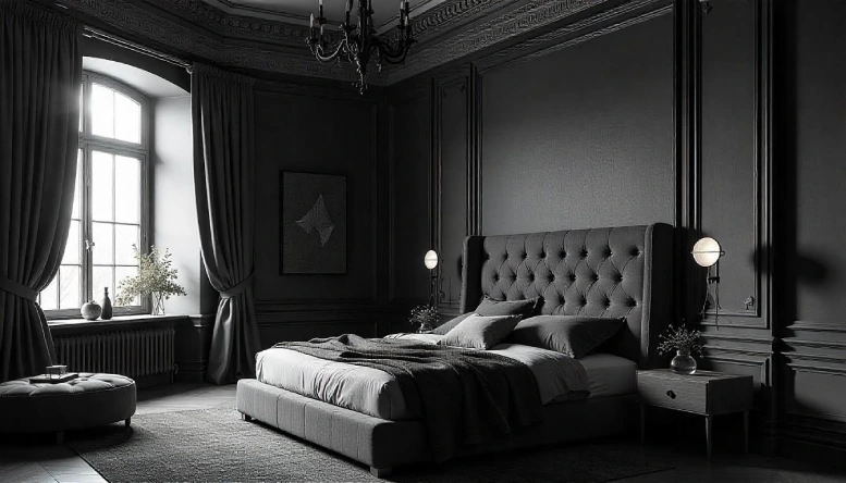 A Gothic bedroom featuring a black ceiling, which adds depth and enhances the room's moody and dramatic atmosphere, complemented by dark furnishings and decor.