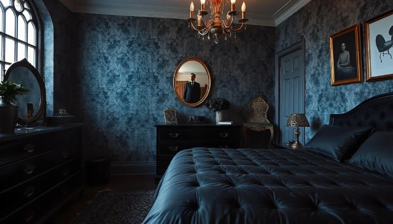 A Gothic bedroom featuring a combination of black and brass elements, including a brass bed frame and light fixtures, against a dark, moody backdrop.