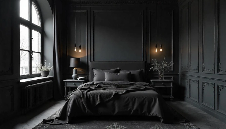 A Gothic bedroom featuring black walls as the primary backdrop, complemented by dark furniture and rich, textured fabrics.