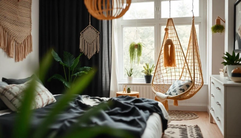 A stylish black and white bedroom with bohemian touches, featuring cozy textiles, patterned pillows, and natural accents for a warm, inviting vibe.