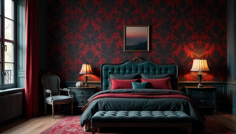 A Gothic bedroom featuring bold Baroque wallpaper with intricate patterns, creating a dramatic and moody atmosphere.