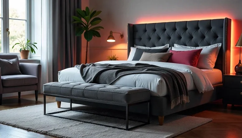 Charcoal bench at the foot of a grey bed in a modern bedroom. 