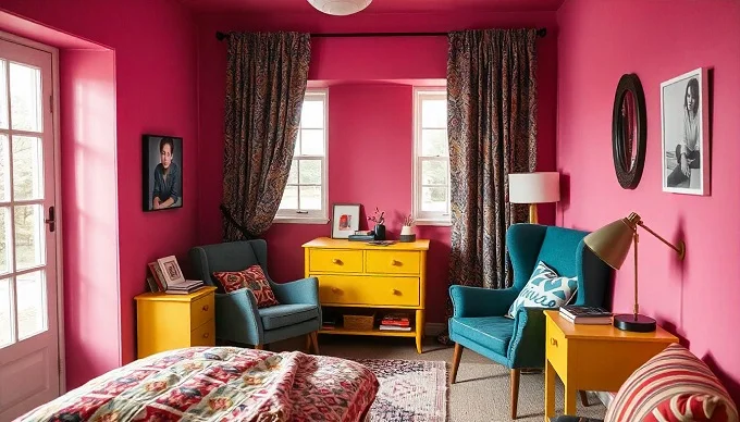 Bedroom with a bold pink wardrobe seamlessly blending into pink walls