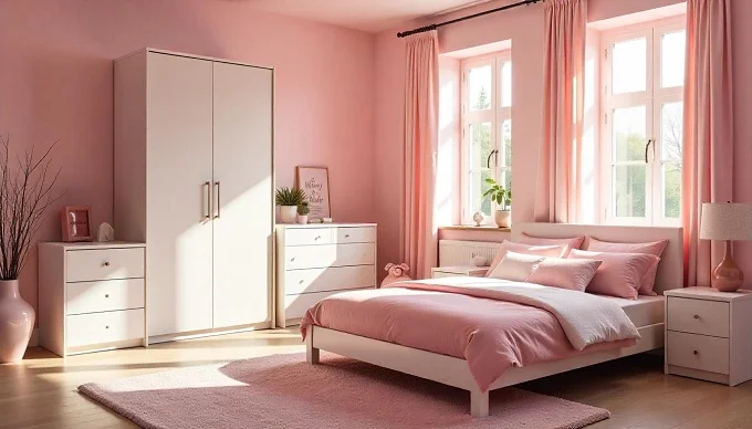 Pink bedroom with matching bed frame and furniture for a cohesive look