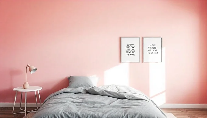 Pink bedroom with gradient pink walls and grey bedding for contrast