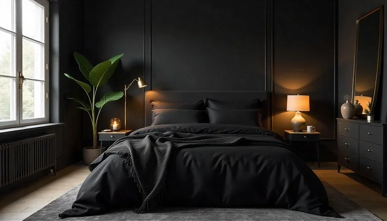 Black bedroom featuring gold-accented lighting fixtures and decor for a luxurious and warm ambiance. 