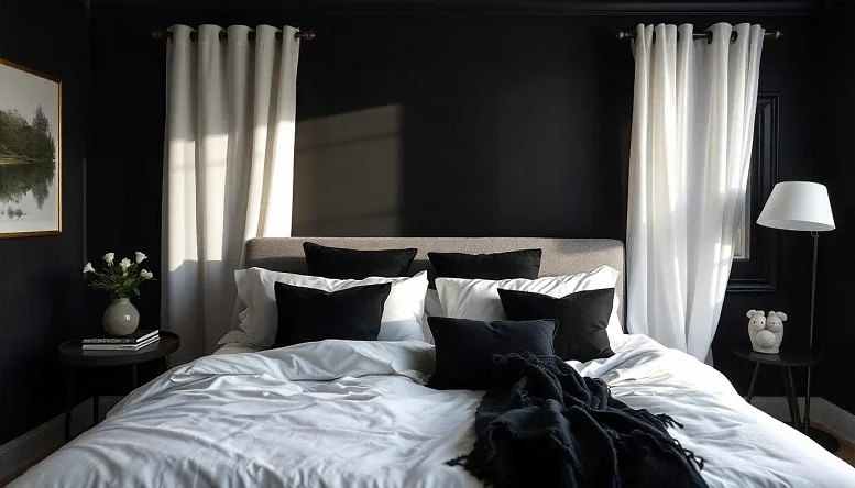 Black bedroom with crisp white bedding and black cushions, creating a bold and modern contrast. 