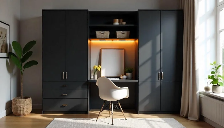 Convertible desk-wardrobe unit in a grey bedroom with warm lighting.