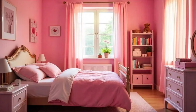 Bright pink bedroom with a painted ceiling creating a halo effect