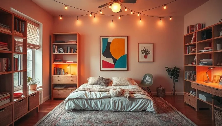 Minimalist storage solutions with walnut furniture in a mid century modern bedroom. 