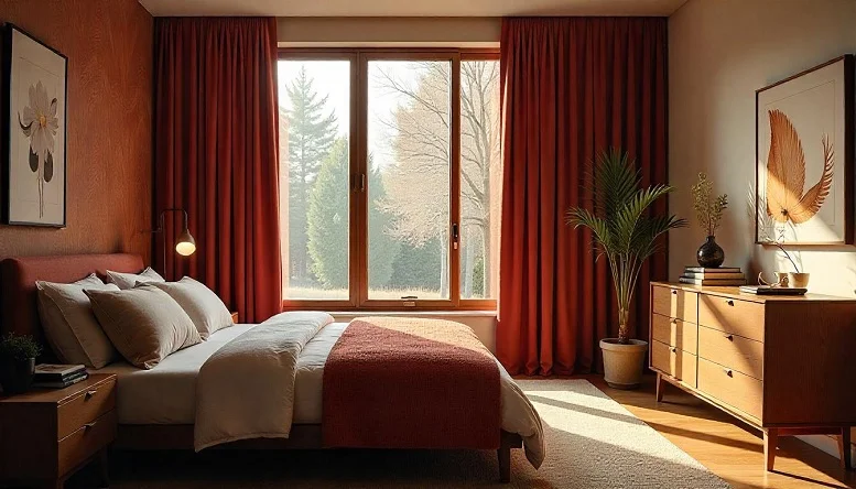 Sheer curtains layered with blackout drapes in a mid century modern bedroom. 