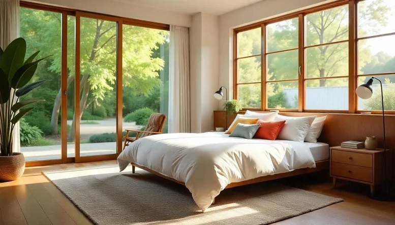 Velvet cushions and patterned throws on a bed in a mid century modern bedroom.