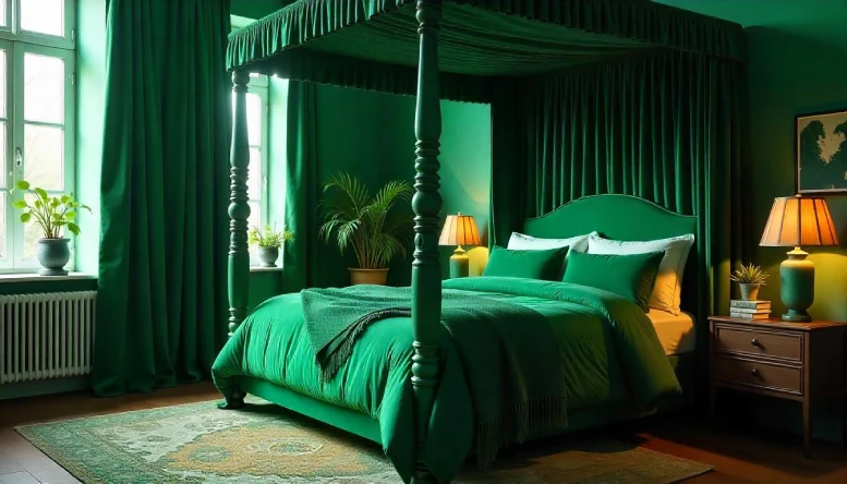 A dark green bedroom featuring an elegant canopy bed draped with sheer fabric, creating a luxurious and intimate atmosphere.