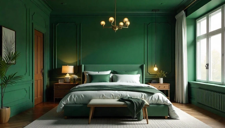 A bedroom with a dark green and gold ceiling, featuring intricate gold detailing that adds elegance and sophistication to the room's decor.