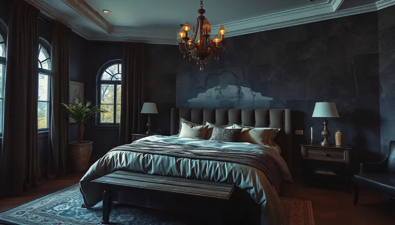 A Gothic bedroom combining dark color schemes with natural elements like wooden furniture and greenery, creating a balanced and moody atmosphere.