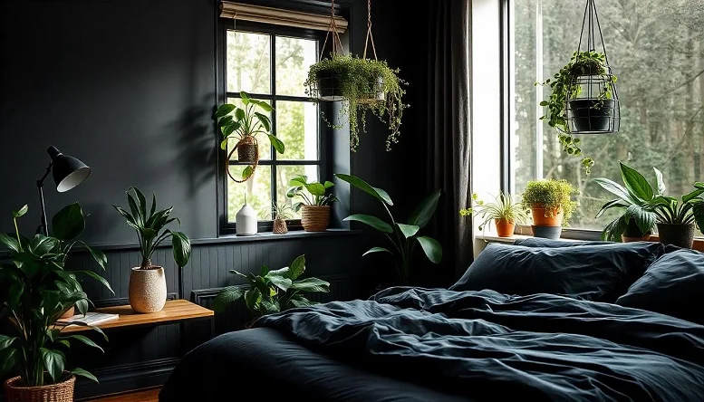 Black bedroom filled with greenery, including hanging plants and potted decor, for a fresh and natural vibe. 