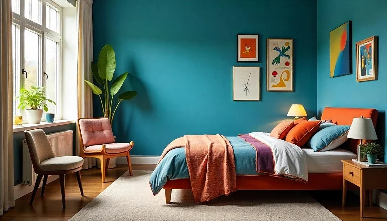 Mid century modern bedroom featuring abstract art, colorful cushions, and natural wooden furniture. 