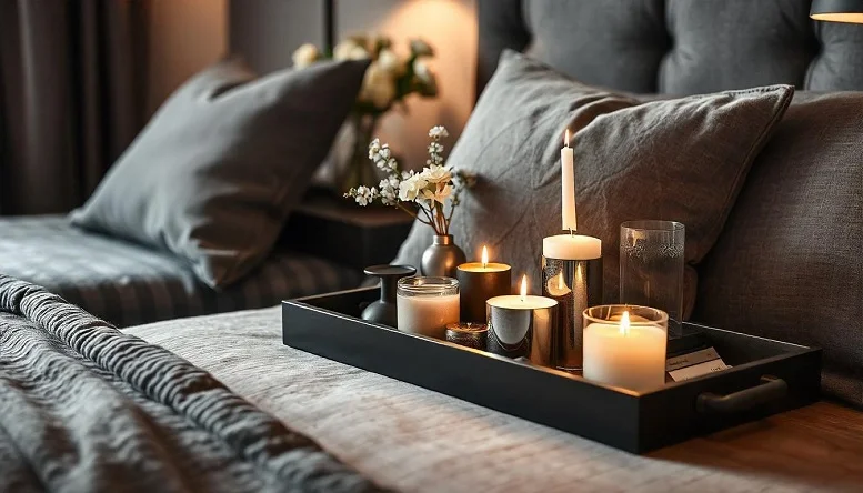 Decorative tray with candles and flowers on a bed in a modern bedroom. 