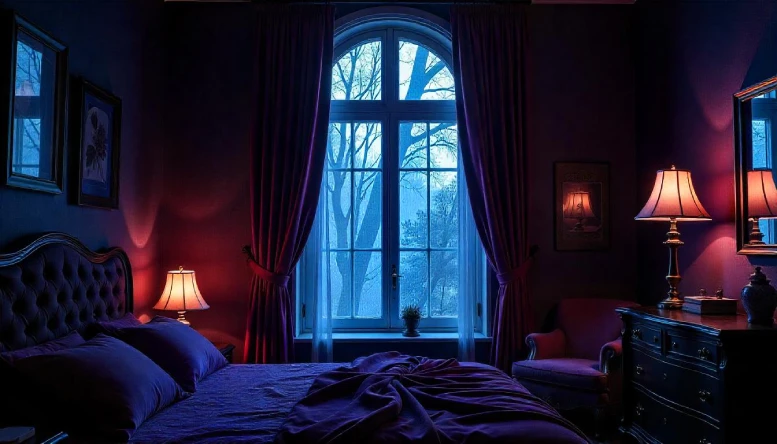 A Gothic bedroom featuring dramatic floor-length curtains in rich, dark fabrics, enhancing the room's moody and elegant atmosphere.