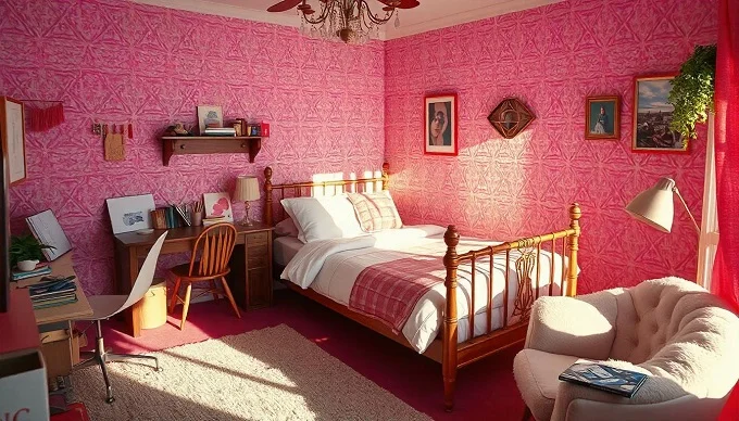 Pink bedroom featuring sophisticated floral wallpaper and cozy decor