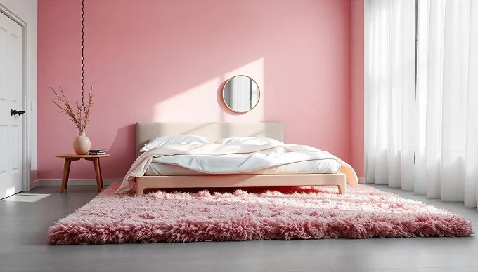 Vibrant pink bedroom with whimsical artwork and playful decor