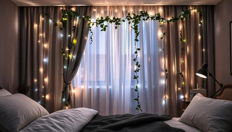 Bedroom window with fairy lights draped behind sheer curtains and greenery accents.