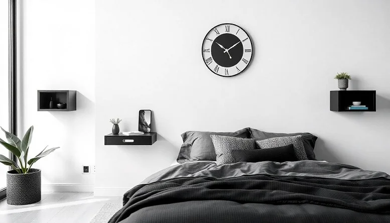 Floating black nightstands beside a bed in a minimalist bedroom. 