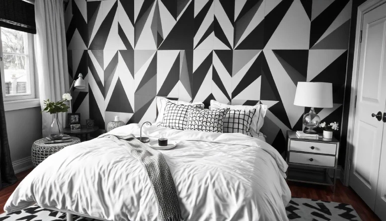 A black and white bedroom featuring geometric patterns on the walls and bedding, creating a dynamic and cozy atmosphere.