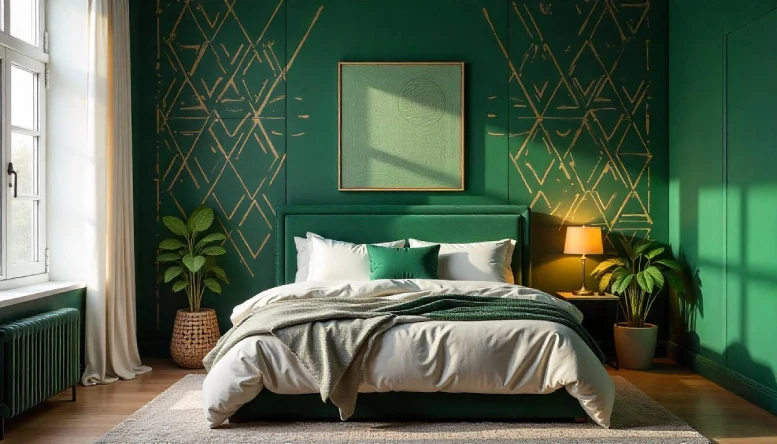 A bedroom with dark green walls featuring geometric stenciling, creating a unique and elegant pattern that adds depth and sophistication to the space.