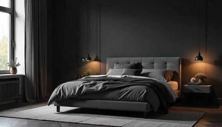 Black and gray bedroom with gradient tones, creating a tranquil atmosphere with soft bedding and minimalist decor. 