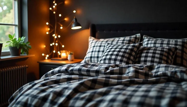 Black bedroom featuring gingham-patterned bedding and warm lighting, adding a playful and relaxed touch. 