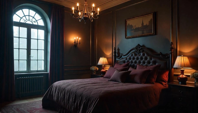 A Gothic bedroom illuminated by an ornate Gothic chandelier, with intricate metalwork and candle-style lights, casting a warm, atmospheric glow.