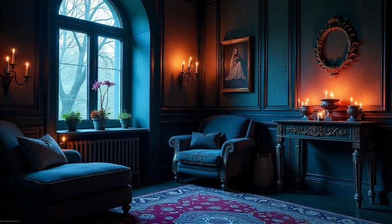 A Gothic bedroom featuring a cozy nook with an altar adorned with candles, ornate decorations, and Gothic sculptures, set against a dark, atmospheric backdrop.