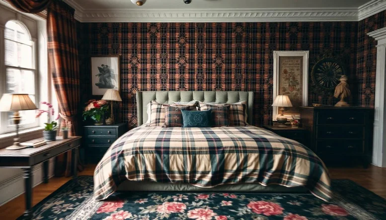 A Gothic bedroom featuring plaid patterns in deep shades of black, red, and grey, incorporated into bedding and curtains to enhance the room's moody atmosphere.