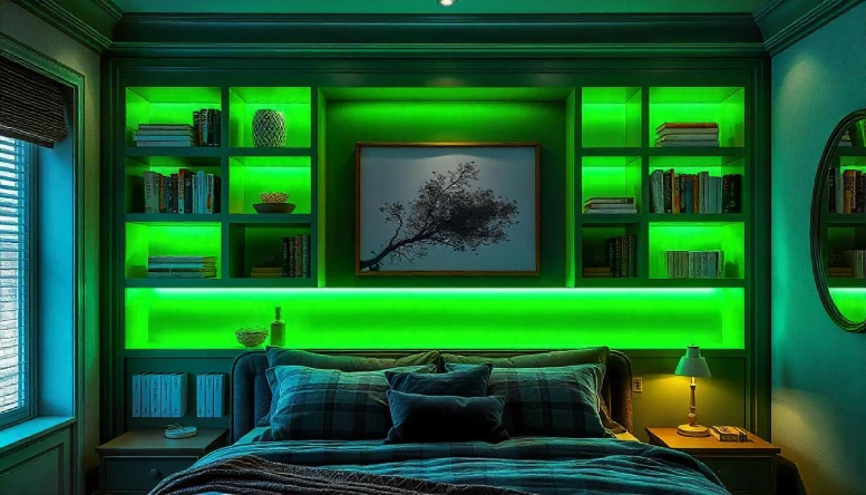 A dark green bedroom featuring a stylish green bookcase filled with books and decorative items, adding a unique and elegant accent to the space.