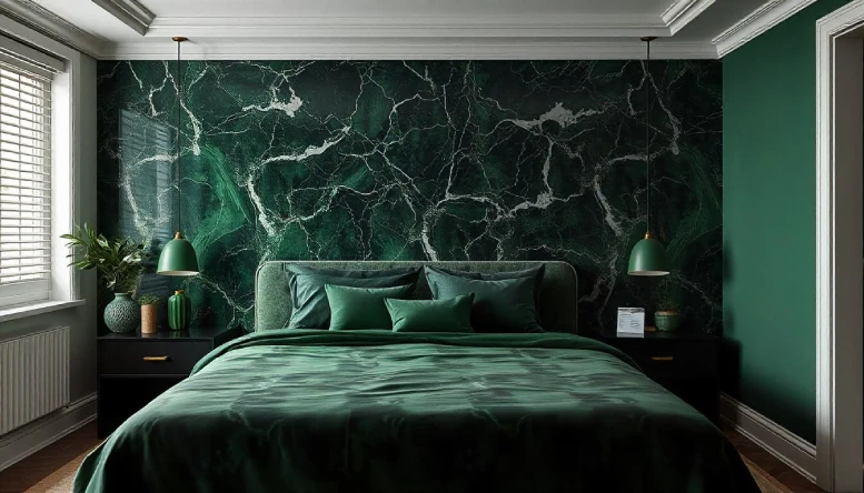 A dark green bedroom featuring a seamless combination of green walls and elegant marble elements, such as a marble-topped nightstand and decorative accents, creating a luxurious and sophisticated atmosphere.