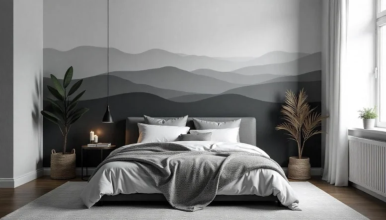 Bedroom with a grey ombre wall and soft minimalist decor. 