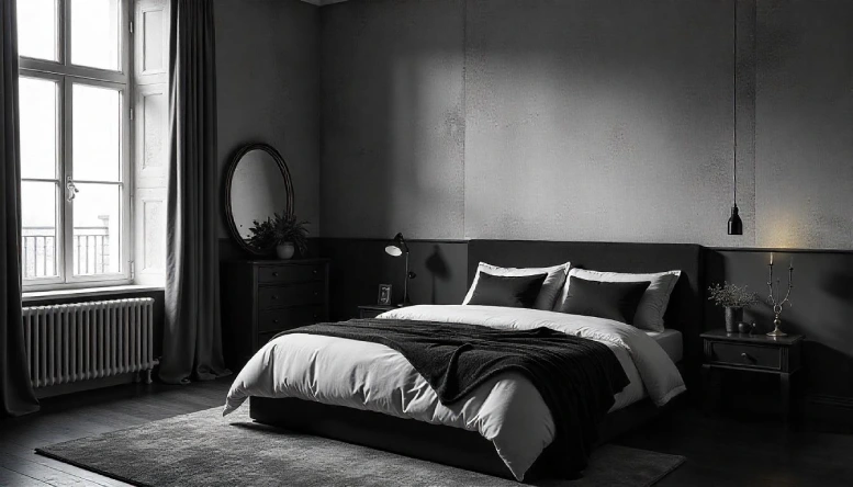 A Gothic bedroom featuring a half-wall color technique, with the upper half painted in a deep, moody shade and the lower half in a contrasting dark tone, creating a stylish and dramatic effect.