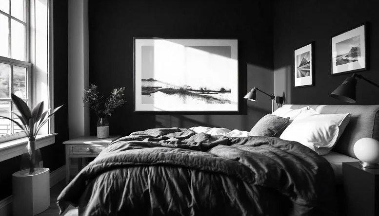 Black bedroom with a gallery wall of black-and-white photography, enhancing the space with artistic elegance. 