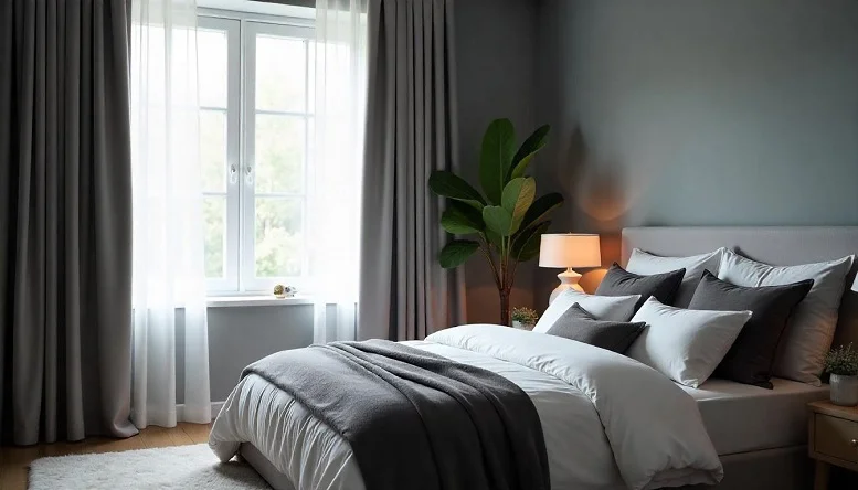 Grey blackout curtains paired with sheer curtains in a modern bedroom. 