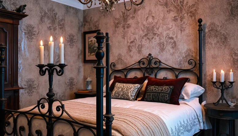 A Gothic bedroom featuring heavy wrought iron details, including a bed frame and decorative elements, set against a dark, moody background.